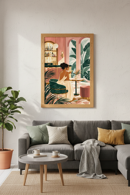 Chic Cocktail Woman Art | Pink &amp; Green Tropical Bar Decor, Modern Home Poster