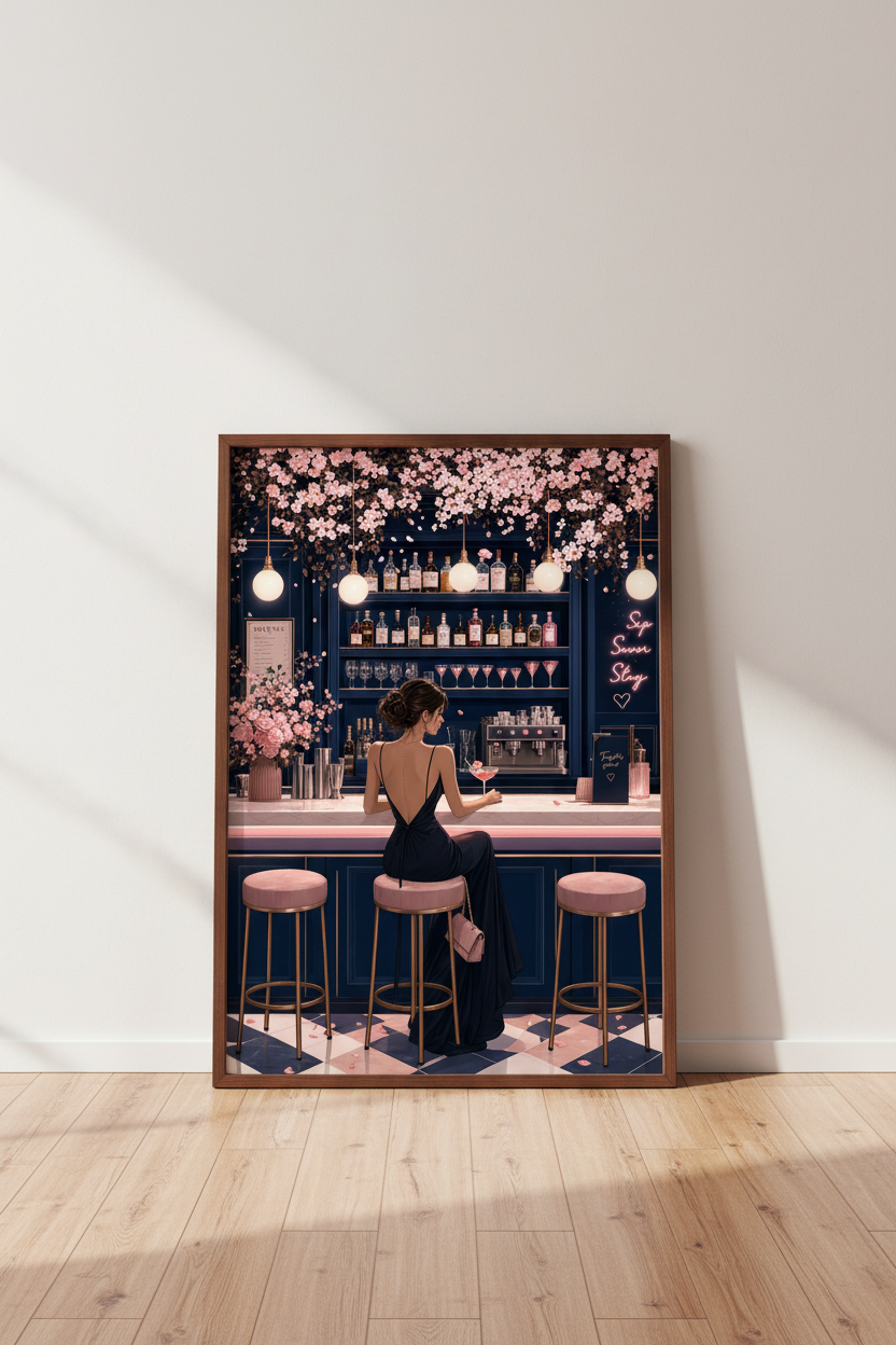 Evening Cocktail Bar Wall Art | Navy &amp; Pink Aesthetic, Preppy Room Decor