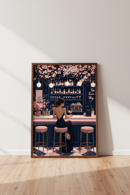 Evening Cocktail Bar Wall Art | Navy &amp; Pink Aesthetic, Preppy Room Decor