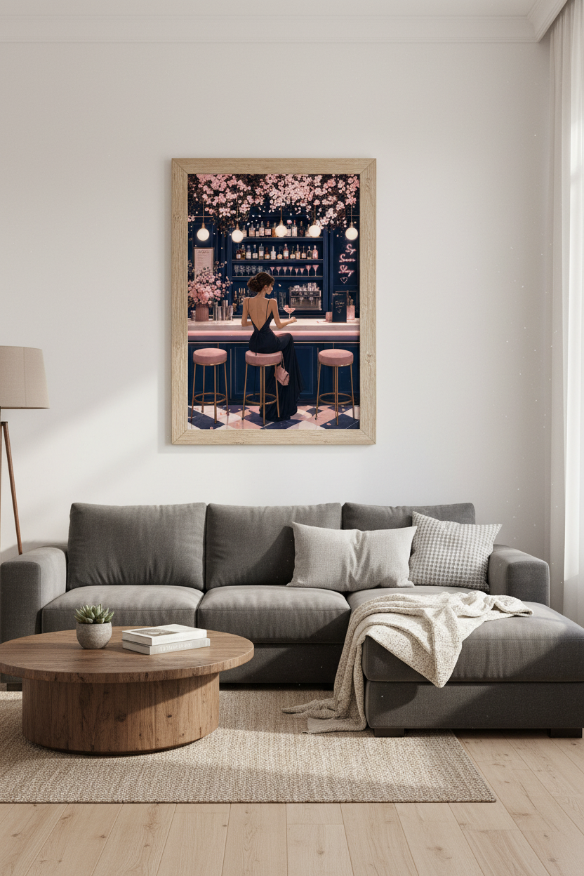 Evening Cocktail Bar Wall Art | Navy &amp; Pink Aesthetic, Preppy Room Decor