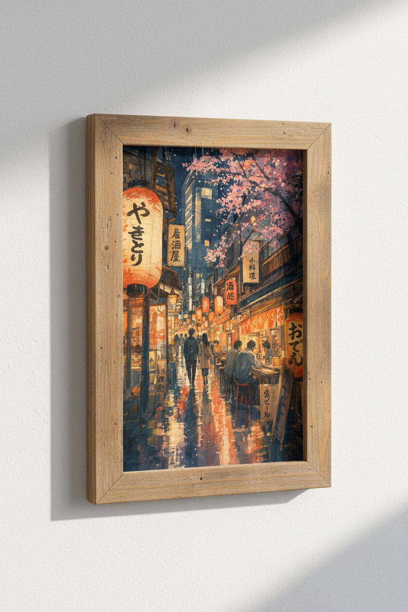Tokyo Japanese Night Street Wall Art | Watercolor Lantern Poster, Living Room Decor