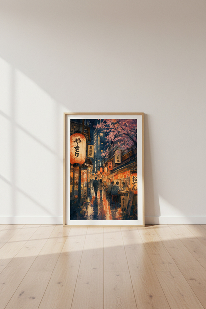 Tokyo Japanese Night Street Wall Art | Watercolor Lantern Poster, Living Room Decor
