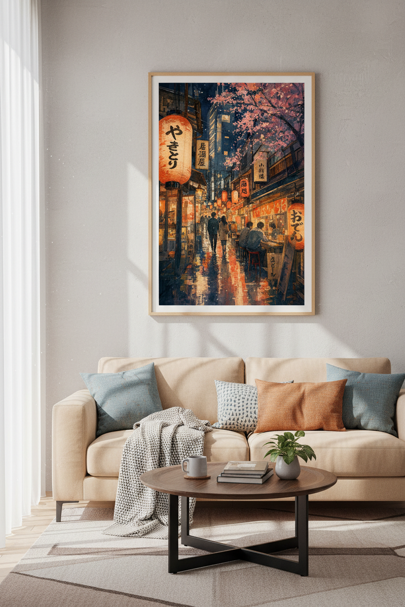 Tokyo Japanese Night Street Wall Art | Watercolor Lantern Poster, Living Room Decor