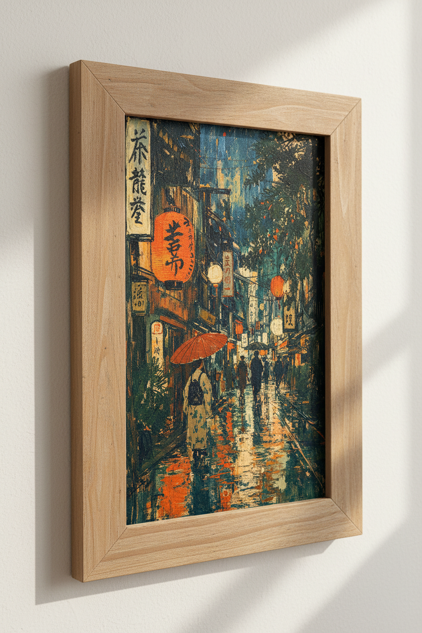Japanese Street Scene Art | Rainy Kyoto Night, Lanterns Poster Home Decor