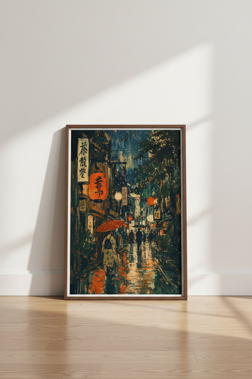 Japanese Street Scene Art | Rainy Kyoto Night, Lanterns Poster Home Decor