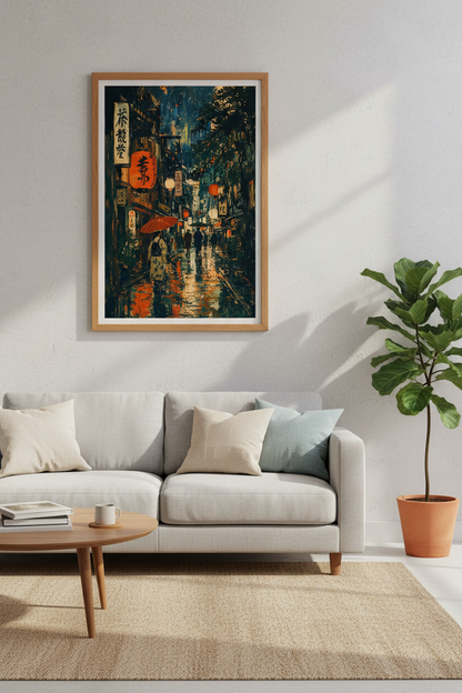 Japanese Street Scene Art | Rainy Kyoto Night, Lanterns Poster Home Decor