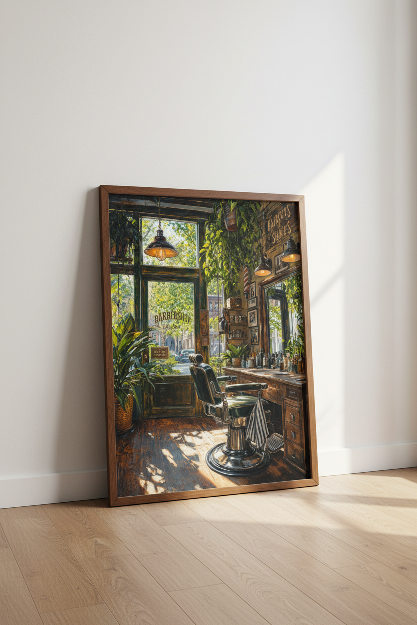 Vintage Barbershop Wall Art | Rustic Interior Painting, Man Cave &amp; Salon Decor