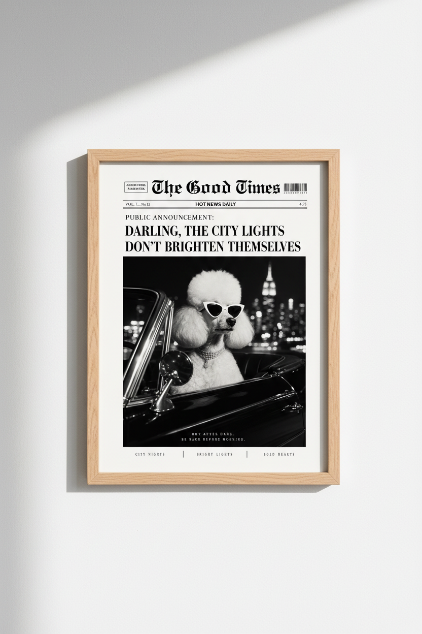 Newspaper Poodle Print | Trendy Black and White Retro Dog Poster, Chic Office Decor