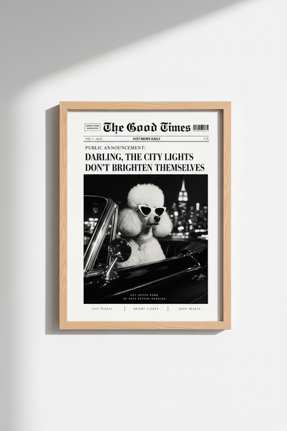 Newspaper Poodle Print | Trendy Black and White Retro Dog Poster, Chic Office Decor