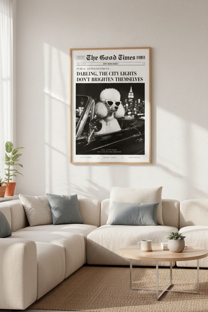 Newspaper Poodle Print | Trendy Black and White Retro Dog Poster, Chic Office Decor