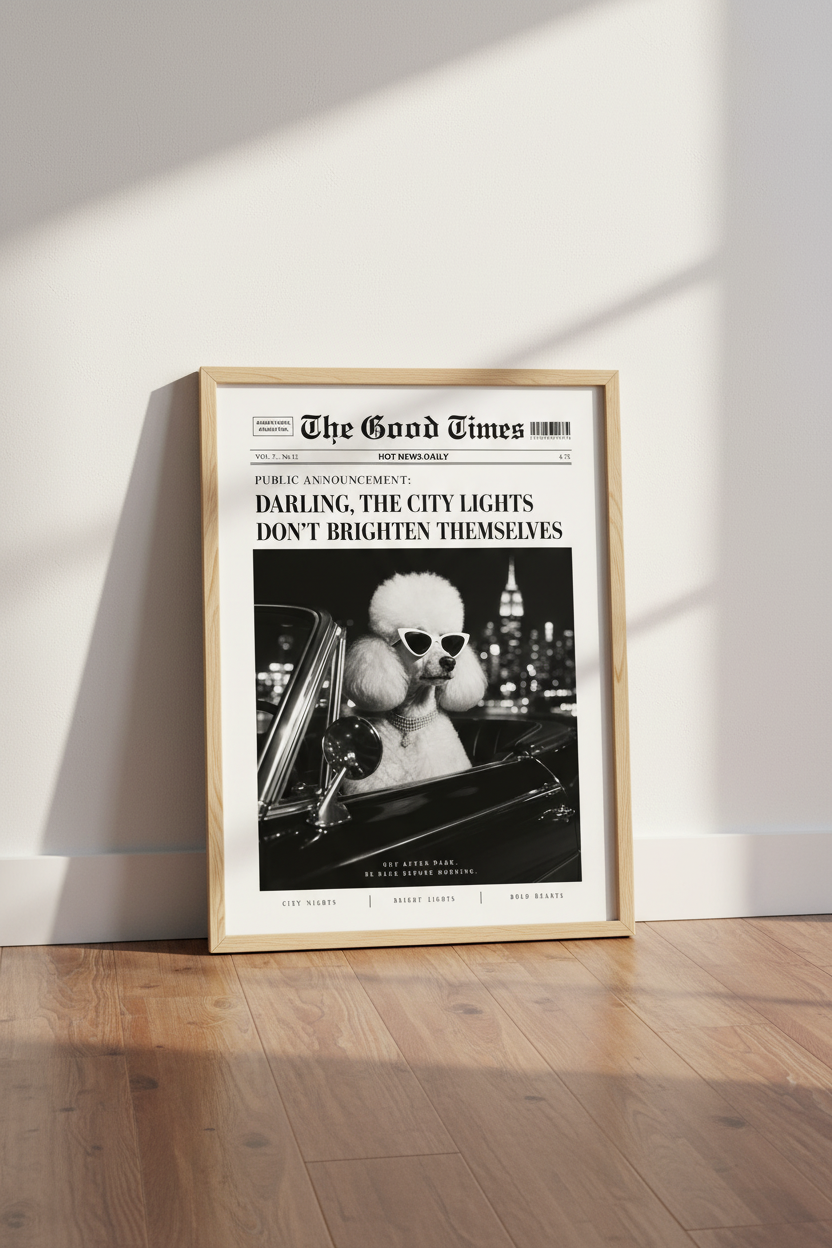 Newspaper Poodle Print | Trendy Black and White Retro Dog Poster, Chic Office Decor