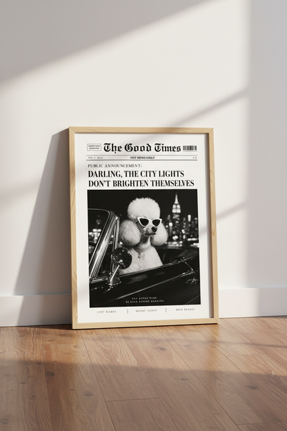 Newspaper Poodle Print | Trendy Black and White Retro Dog Poster, Chic Office Decor