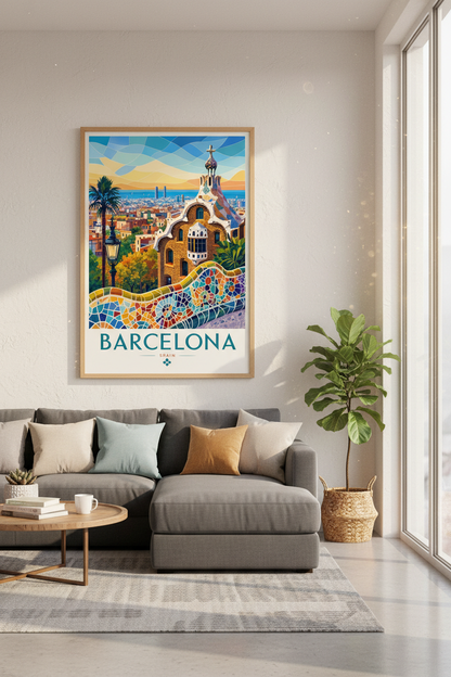 Barcelona Park Guell Wall Art | Spain Travel Poster, Mosaic Architecture Decor