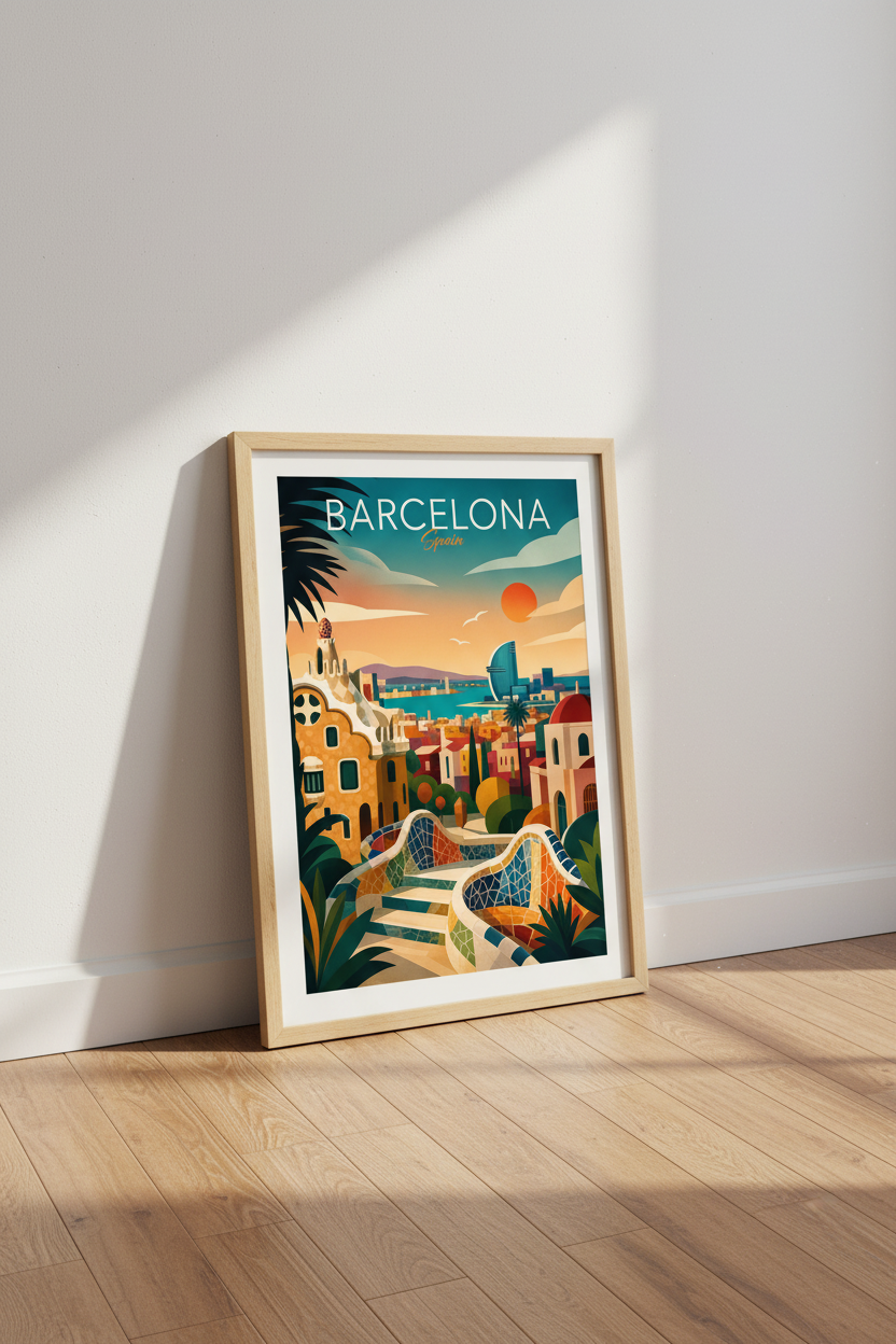 Barcelona Spain Travel Print | Retro Minimalist Cityscape | Living Room Wall Art Poster