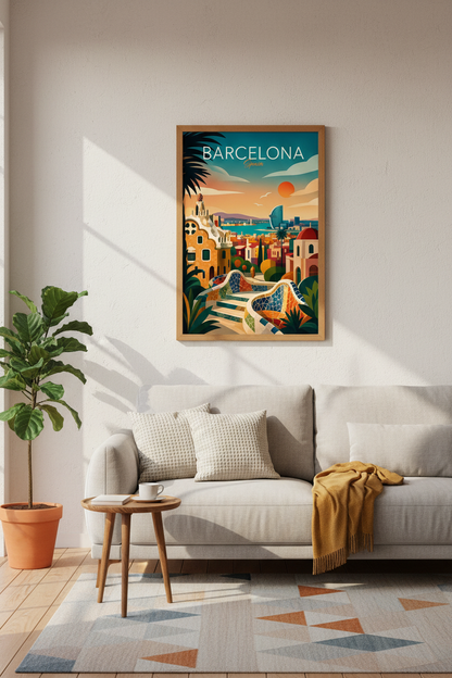 Barcelona Spain Travel Print | Retro Minimalist Cityscape | Living Room Wall Art Poster