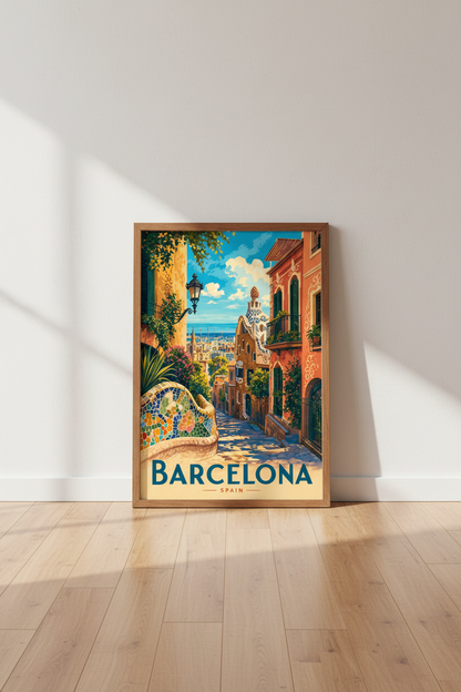 Barcelona Spain Travel Poster | Park Guell Mosaic Art | Mediterranean Wall Decor