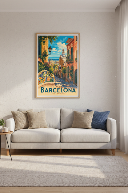 Barcelona Spain Travel Poster | Park Guell Mosaic Art | Mediterranean Wall Decor