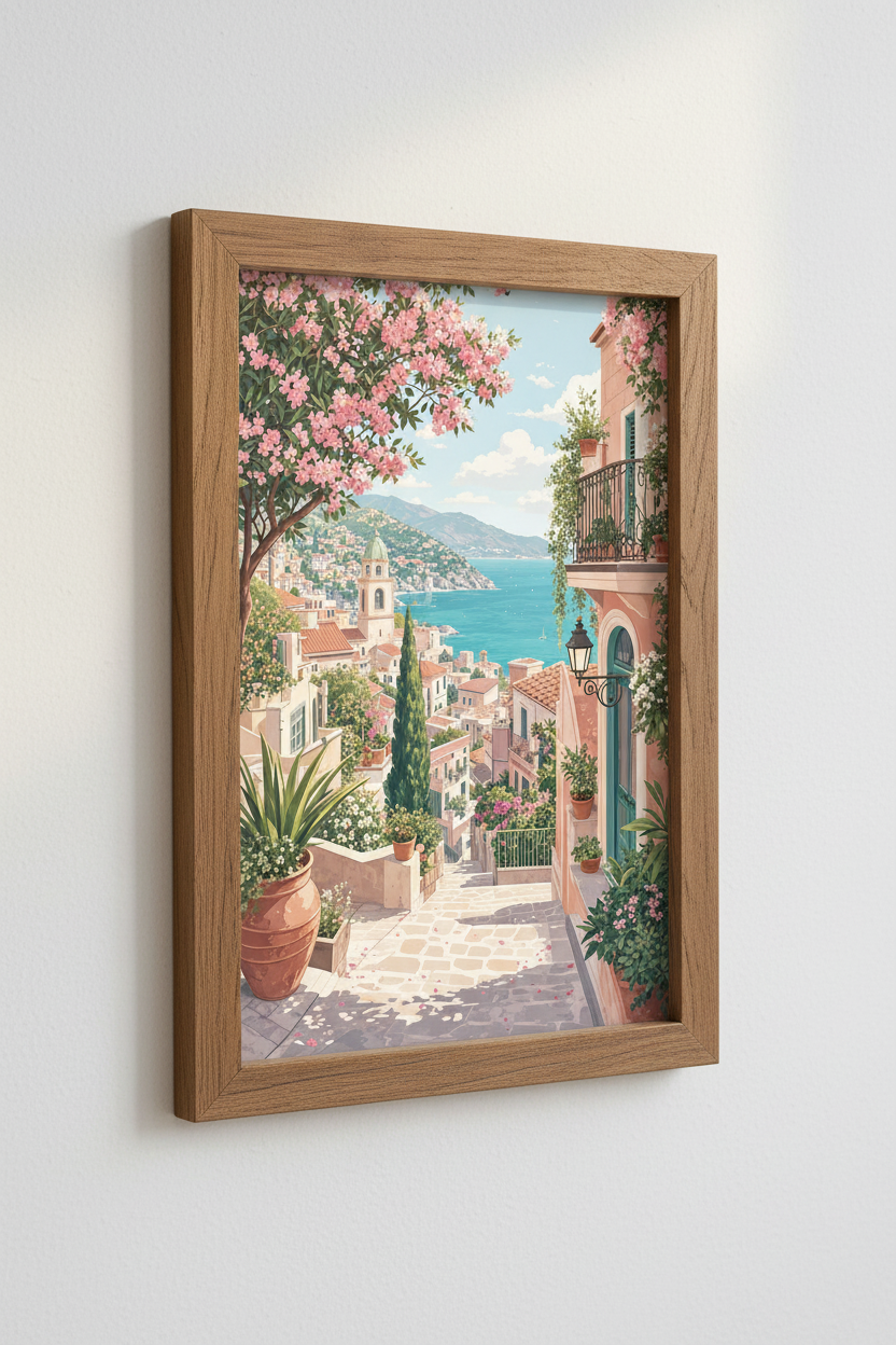 Amalfi Coast Village Art | Italian Coastal Flower Poster, Mediterranean Decor