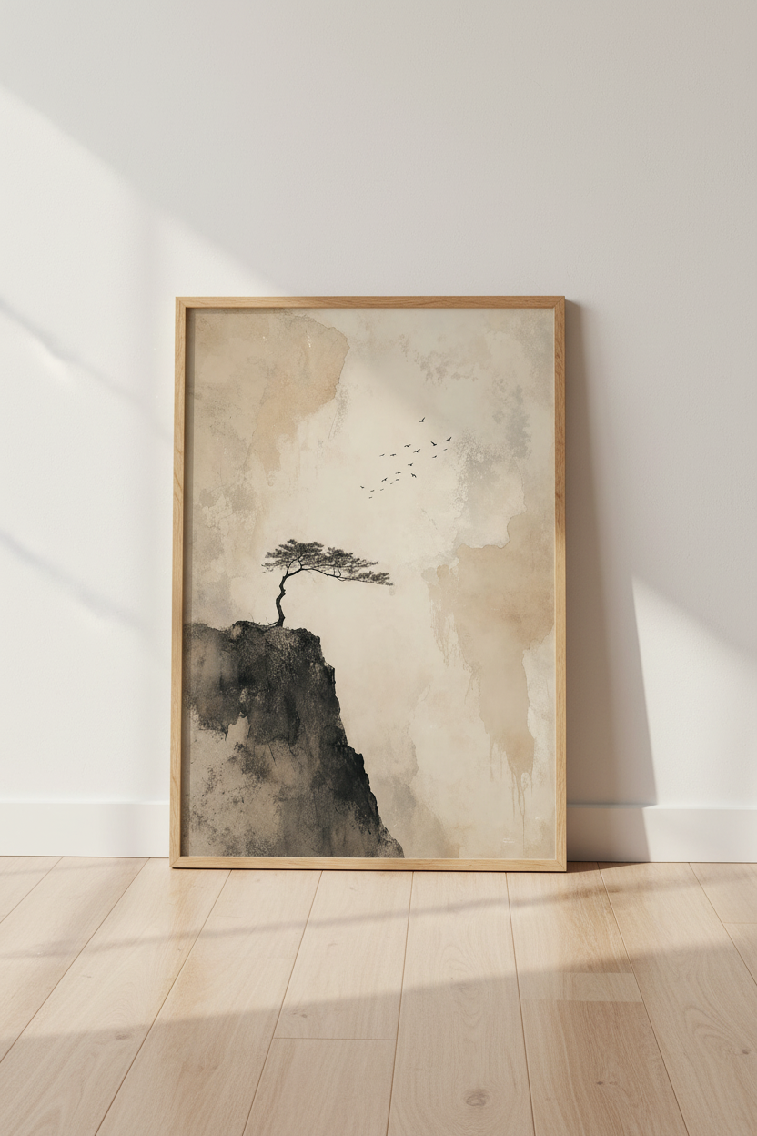 Zen Japanese Wall Art Print | Minimalist Pine Tree Landscape | Wabi Sabi Poster
