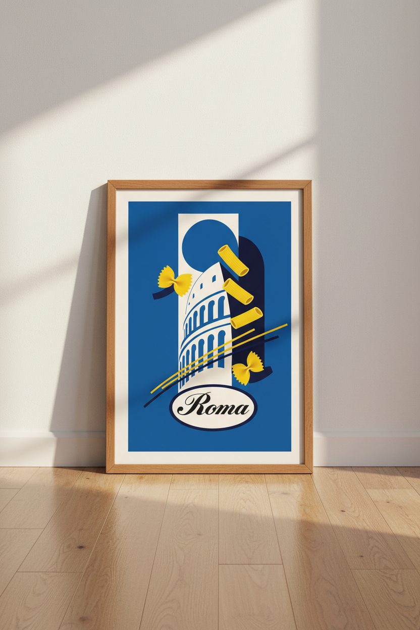 Rome Pasta Travel Wall Art Print | Kitchen Dining Decor | Blue Italian Poster