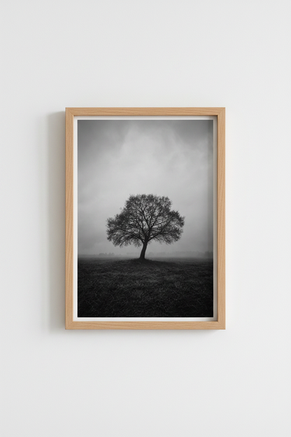 Nature Landscape Print | Black and White Lone Tree Poster, Minimalist Foggy Wall Art