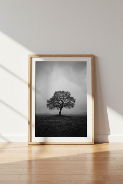 Nature Landscape Print | Black and White Lone Tree Poster, Minimalist Foggy Wall Art