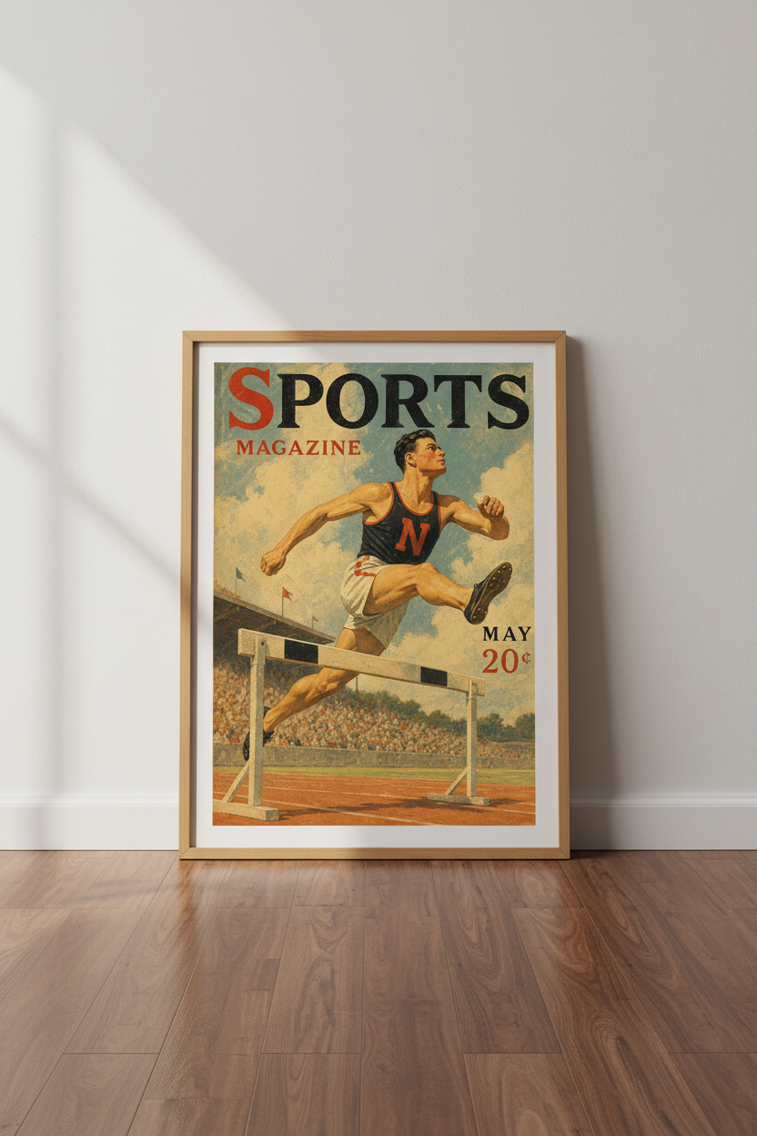 Vintage Track and Field Hurdler Wall Art | Retro Sports Magazine Poster | Home Gym Decor