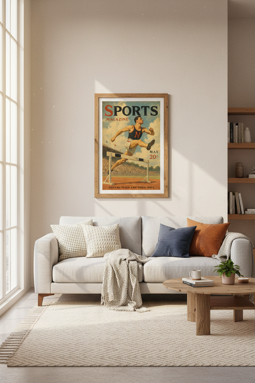 Vintage Track and Field Hurdler Wall Art | Retro Sports Magazine Poster | Home Gym Decor