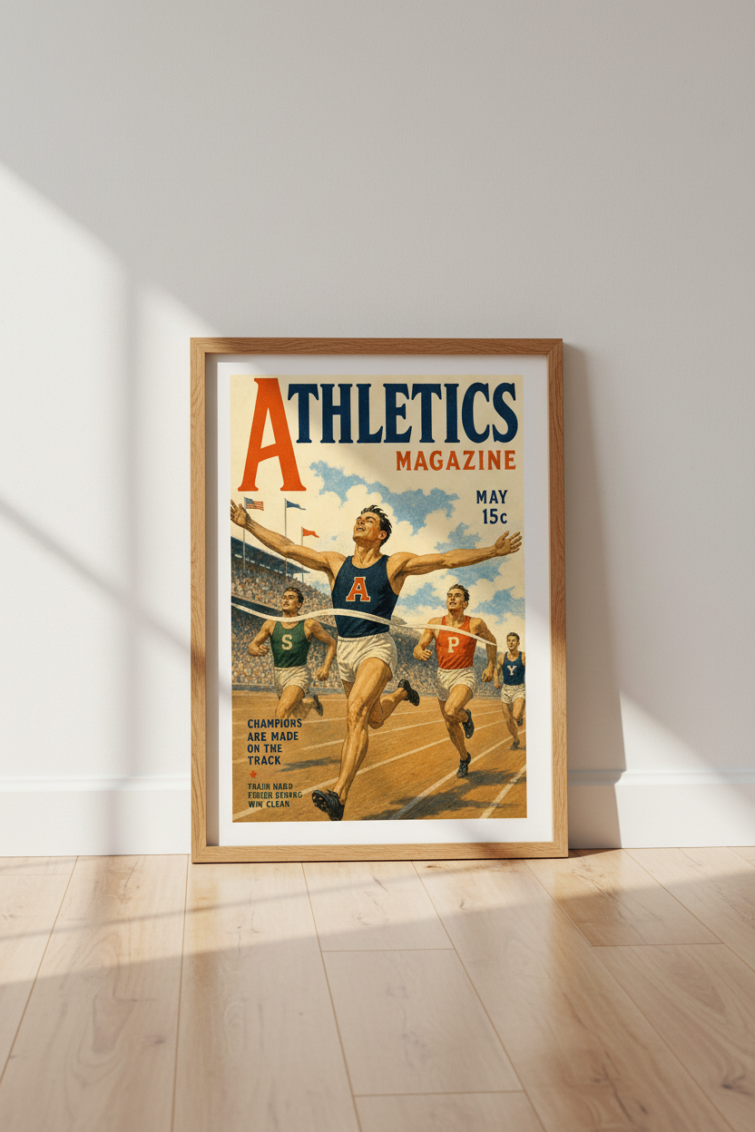 Vintage Track Runner Wall Art | Athletics Magazine Poster, Home Gym Decor
