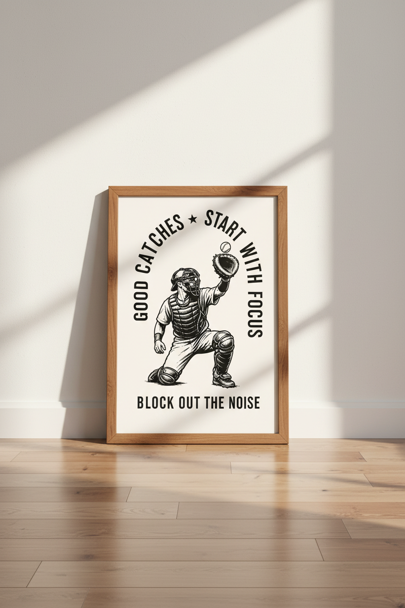 Baseball Catcher Motivational Wall Art | Vintage Ink Style Poster, Sports Bedroom Decor