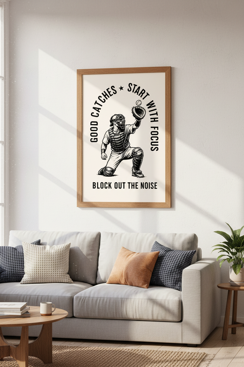 Baseball Catcher Motivational Wall Art | Vintage Ink Style Poster, Sports Bedroom Decor