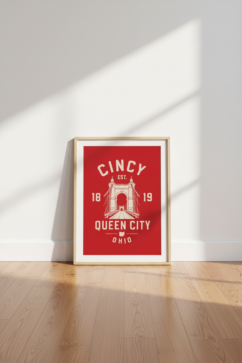 Cincinnati Ohio Bridge Wall Art Print | Queen City Decor | Retro Red Poster