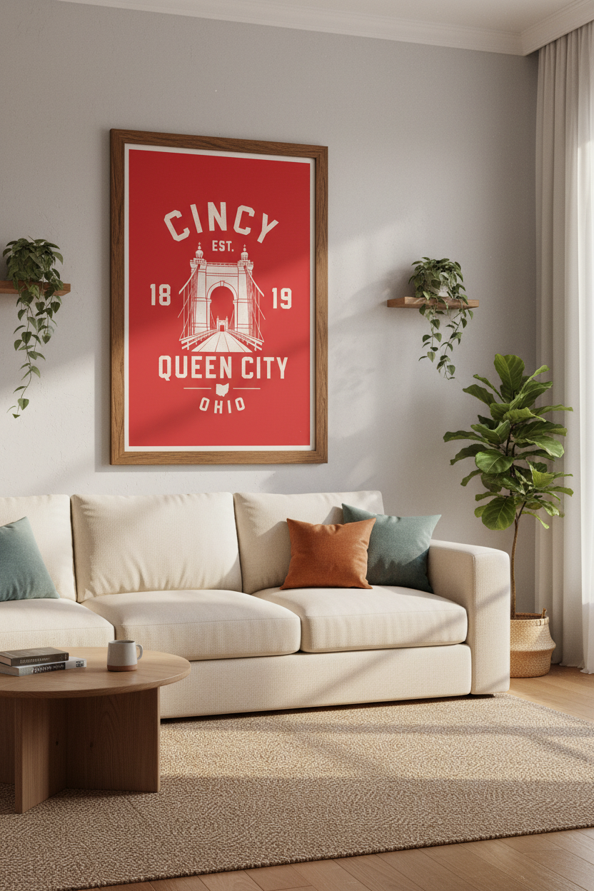 Cincinnati Ohio Bridge Wall Art Print | Queen City Decor | Retro Red Poster