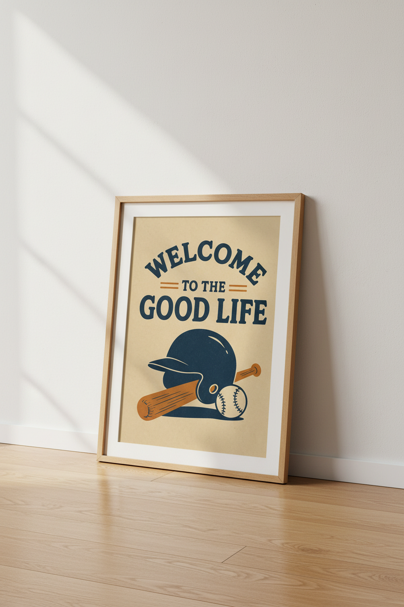 Vintage Baseball Wall Art | Navy &amp; Tan Sports Poster, Man Cave or Nursery Decor