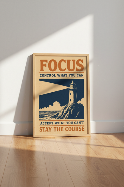 Lighthouse Motivational Wall Art | Retro Navy &amp; Orange Poster | Home Office Decor