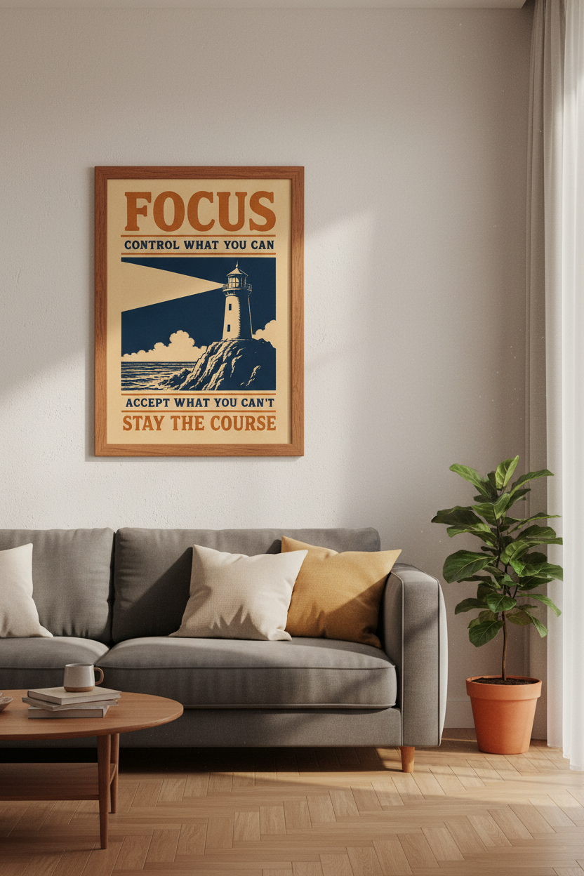 Lighthouse Motivational Wall Art | Retro Navy &amp; Orange Poster | Home Office Decor
