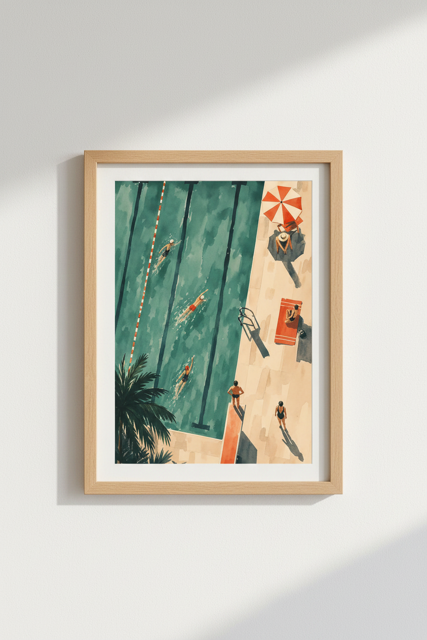 Swimming Pool Art Print | Retro Watercolor Teal Decor, Tropical Summer Poster