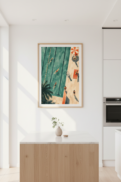 Swimming Pool Art Print | Retro Watercolor Teal Decor, Tropical Summer Poster
