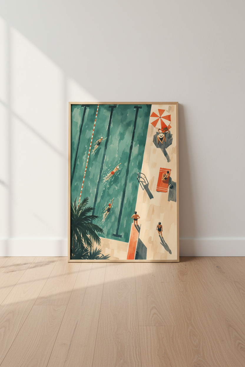 Swimming Pool Art Print | Retro Watercolor Teal Decor, Tropical Summer Poster