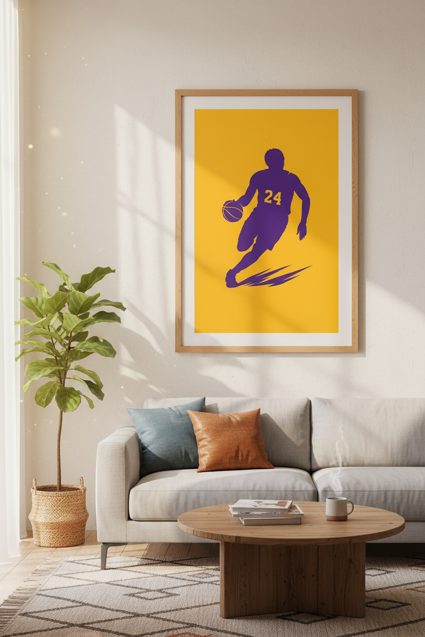 Basketball Legend Silhouette Wall Art | Purple &amp; Gold Minimalist Poster, Man Cave Decor