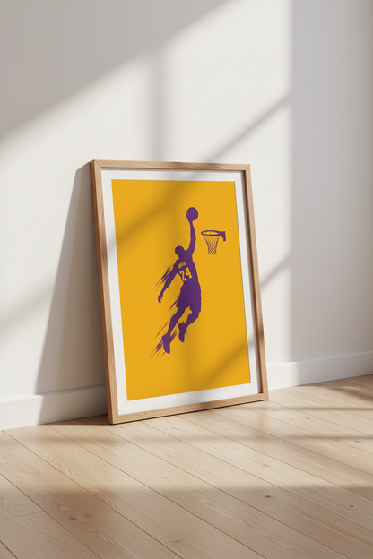 Kobe Bryant Silhouette Wall Art | Purple and Gold Dunk Poster, Sports Decor