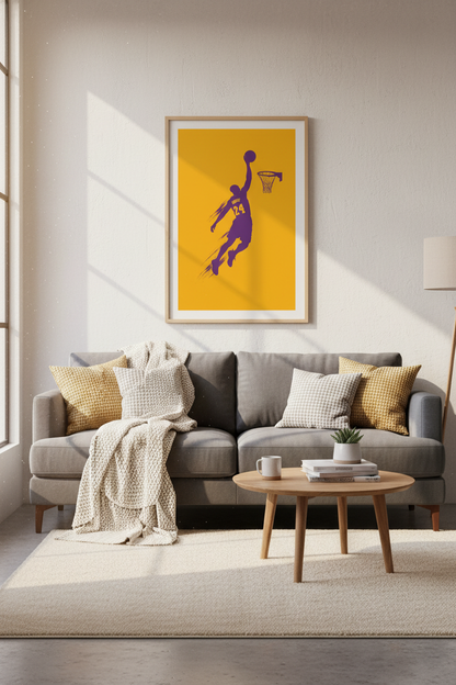 Kobe Bryant Silhouette Wall Art | Purple and Gold Dunk Poster, Sports Decor