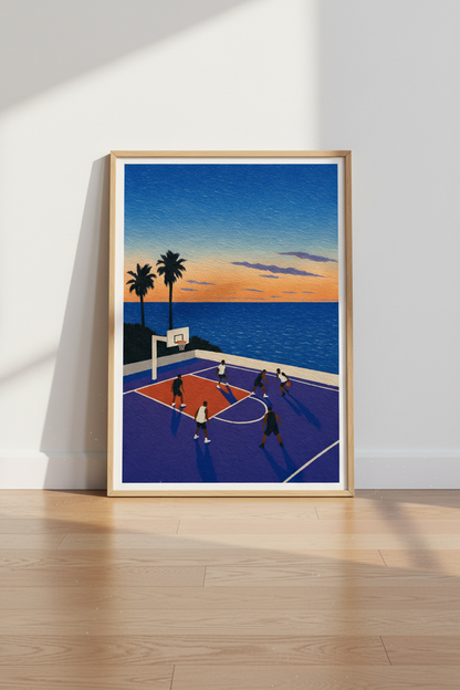 Basketball Sunset Art | Coastal Sports Poster, Modern Home Decor Print