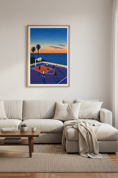 Basketball Sunset Art | Coastal Sports Poster, Modern Home Decor Print