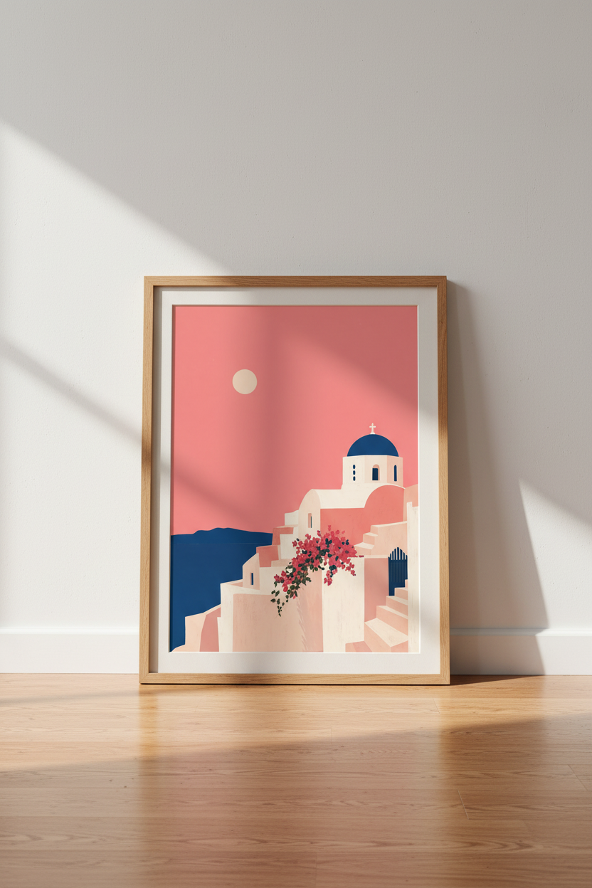 Santorini Greece Wall Art | Pink Sunset Scenery, Mediterranean Minimalist Poster