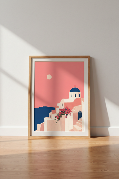 Santorini Greece Wall Art | Pink Sunset Scenery, Mediterranean Minimalist Poster
