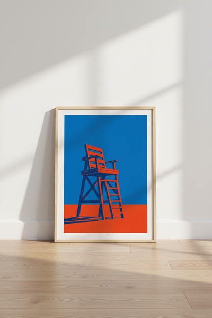 Modern Lifeguard Chair Art | Bold Orange &amp; Blue Coastal Decor | Minimalist Poster