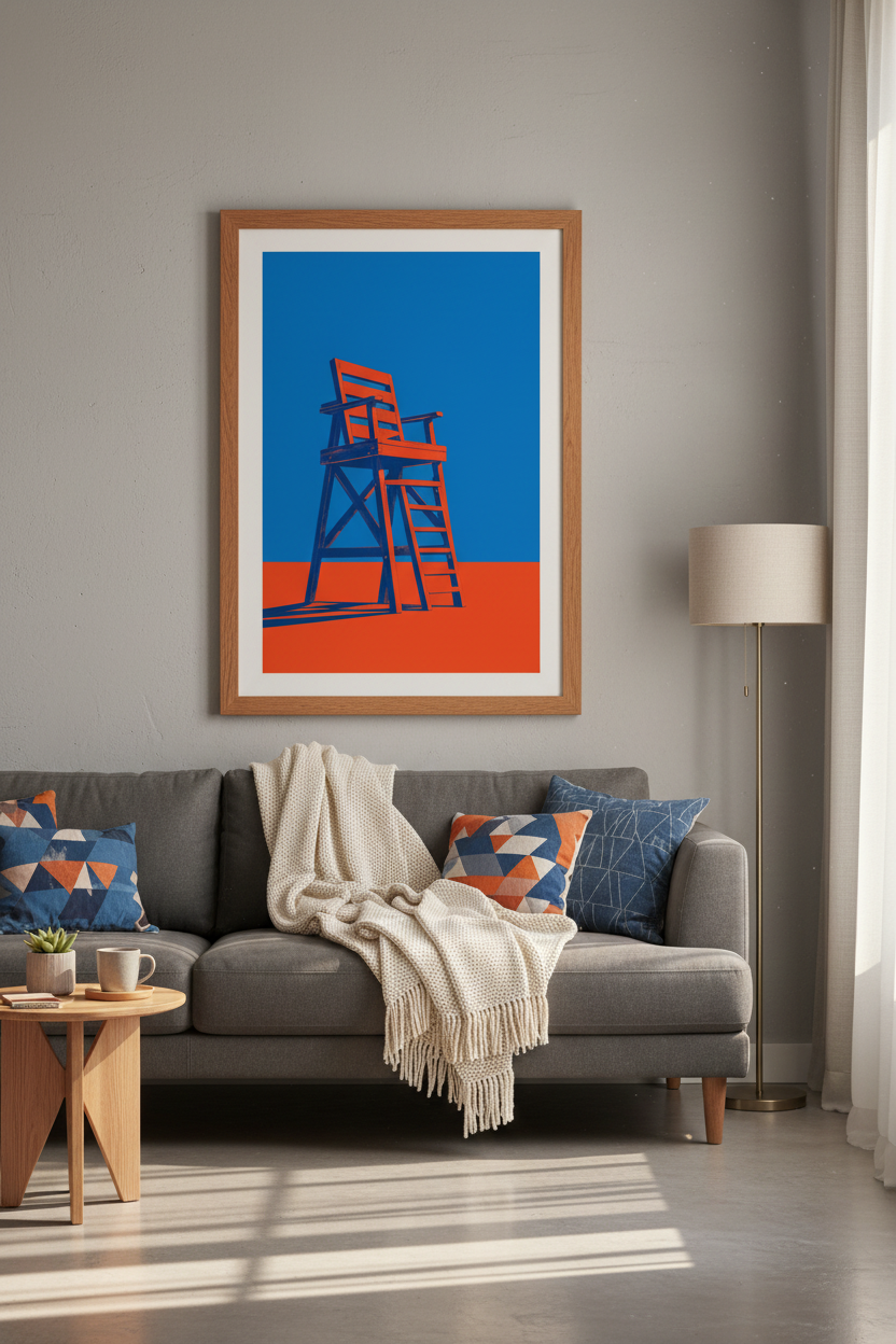 Modern Lifeguard Chair Art | Bold Orange &amp; Blue Coastal Decor | Minimalist Poster