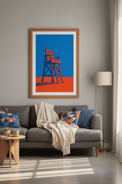 Modern Lifeguard Chair Art | Bold Orange &amp; Blue Coastal Decor | Minimalist Poster