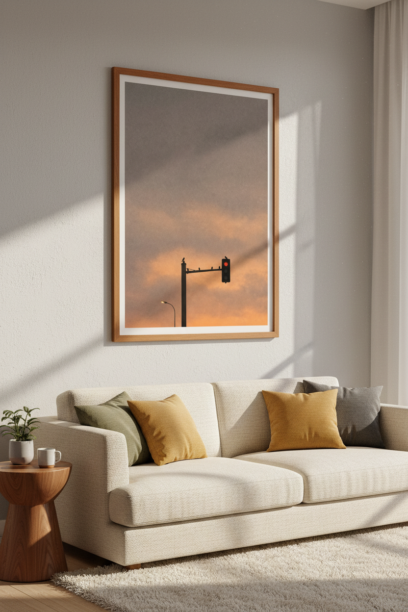 Urban Traffic Light | Minimalist Sunset Silhouette, Modern Living Room Decor